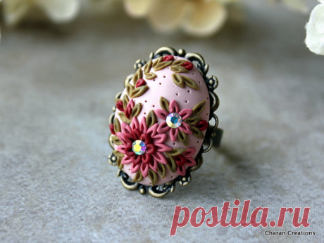Jolie polymère argile Floral Applique anneau par charancreations