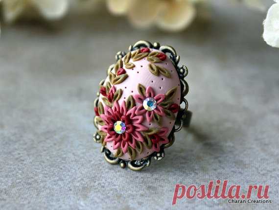 Jolie polymère argile Floral Applique anneau par charancreations