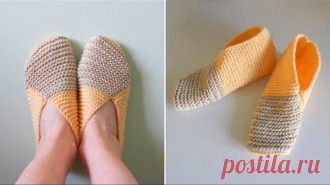 Простые тапочки следки на двух спицах. Для начинающих