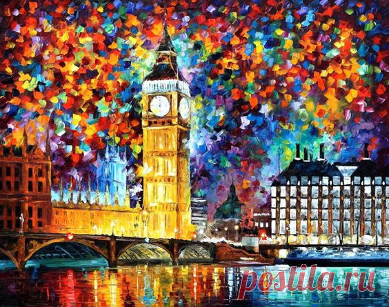 Painting — Big Ben, London — PALETTE KNIFE Contemporary Wall Art Oil Painting On Canvas By L Afremov - Size: 40" x 30" (100 cm x 75 cm) 2145