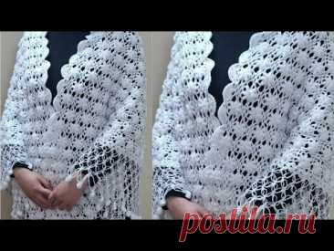 شال كروشيه مثلث بغرزة مجسمه رائع/crochet shawl