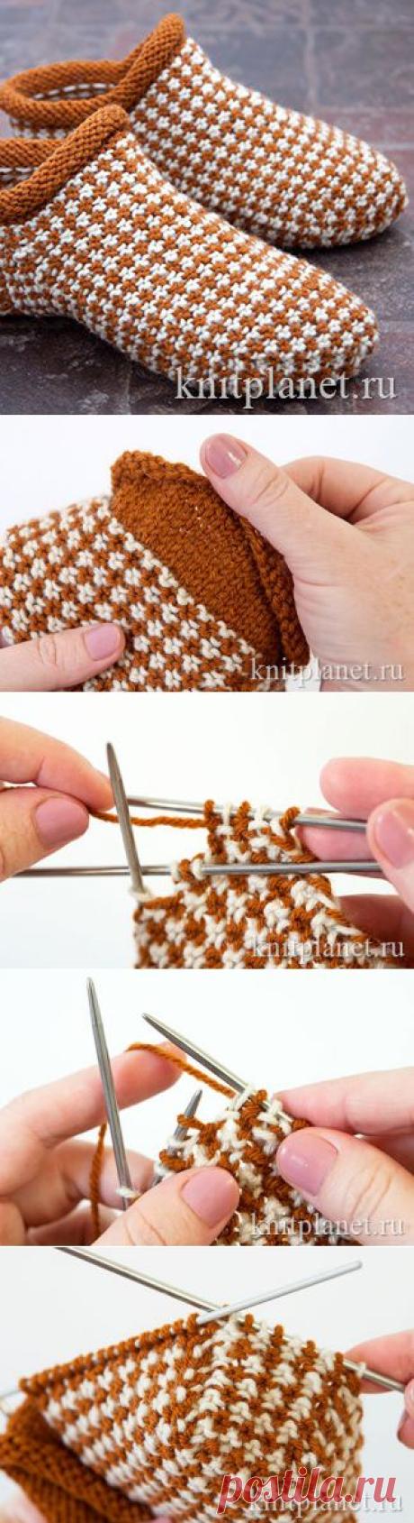 Планета Вязания | Носки-тапочки ленивым жаккардом. Мастер-класс по вязанию тапочек спицами.