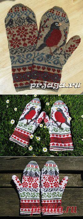 Вязаные варежки с птицами