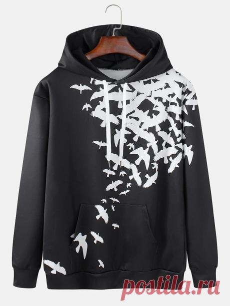 Mens Flying Birds Print Relaxed Fit Kangaroo Pocket Drawstring Hoodies - US$29.99