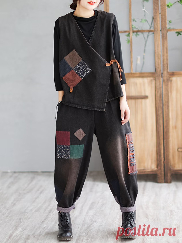 Vintage Loose Sleeveless Applique V-Neck Vest Outerwear&Pants Two Pieces Set Lemongor