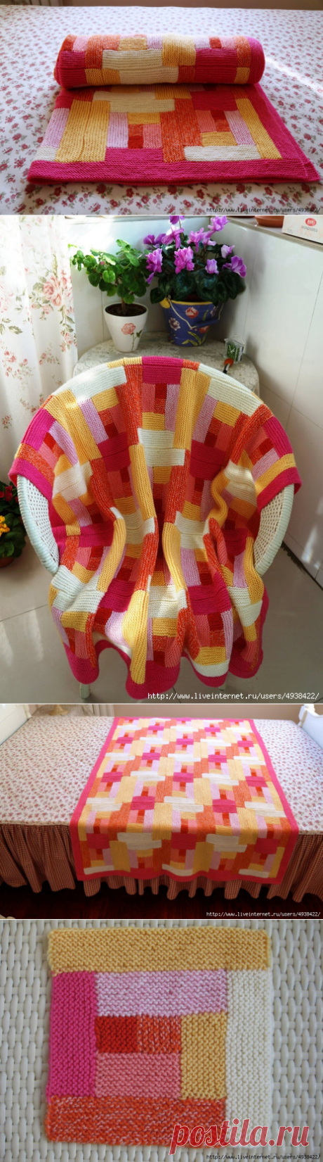 Плед спицами. Мастер-класс мотива в фото. Хорошая идея для использования остатков пряжи.