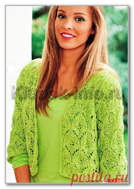 Вязание спицами. Женские модели. Летний короткий ажурный жакет с рукавами три четверти. Размеры: 36/38 (42/44) 48/50