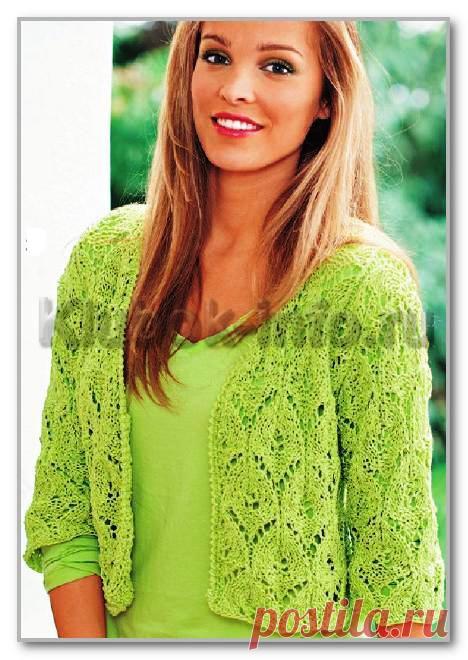 Вязание спицами. Женские модели. Летний короткий ажурный жакет с рукавами три четверти. Размеры: 36/38 (42/44) 48/50