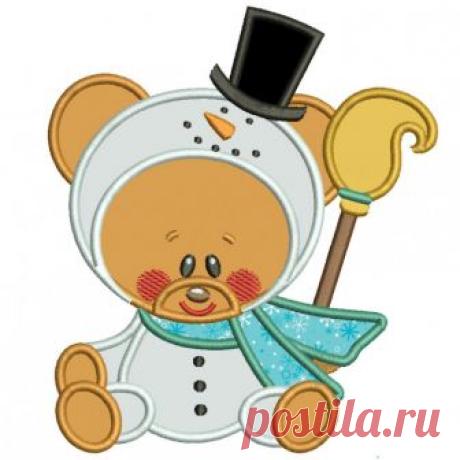 Christmas Teddy Bear in a Snow Costume Applique Machine Embroidery Digitized Design Pattern