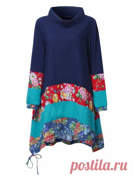 Gracila Vintage Women Floral Printed Turtleneck Long Sleeve Patchwork Dress Online - NewChic