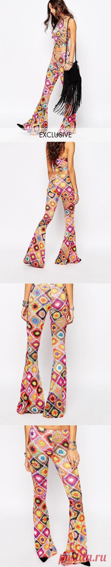 Outstanding Crochet: Rokoko Skinny Flare Pants In 70s Festival Crochet Print Co-ord