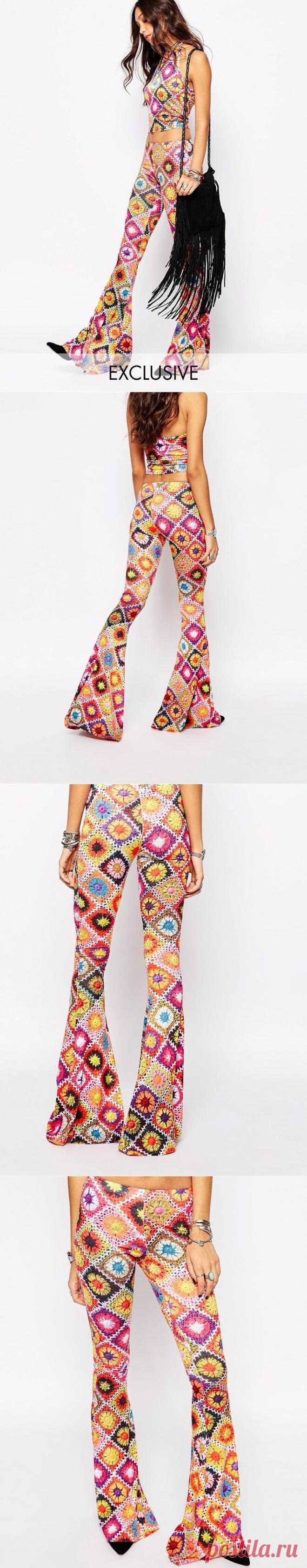 Outstanding Crochet: Rokoko Skinny Flare Pants In 70s Festival Crochet Print Co-ord