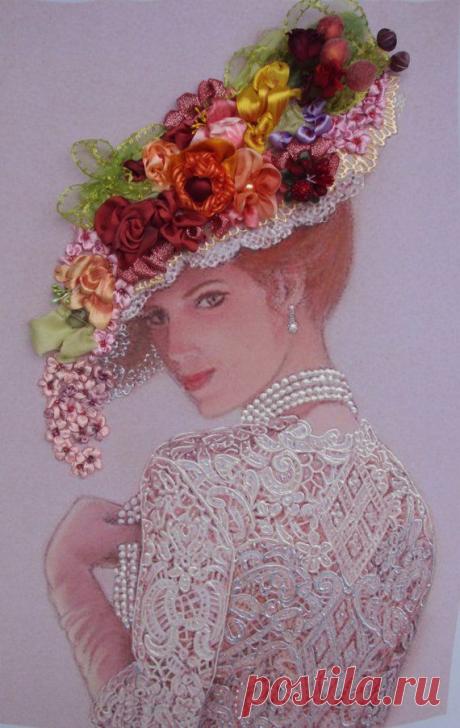 Quadro "Dama", realizzato in tecnica Silk ribbon embroidery