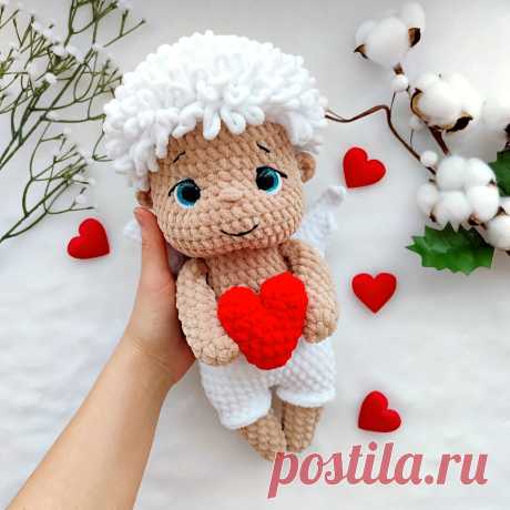 PDF Амур крючком. FREE crochet pattern; Аmigurumi toy patterns. Амигуруми схемы и описания на русском. Вязаные игрушки и поделки своими руками #amimore - плюшевый ангел ко дню Святого Валентина, большой ангелок из плюшевой пряжи, ангелочек, кукла, куколка, украшение к 14 февраля.