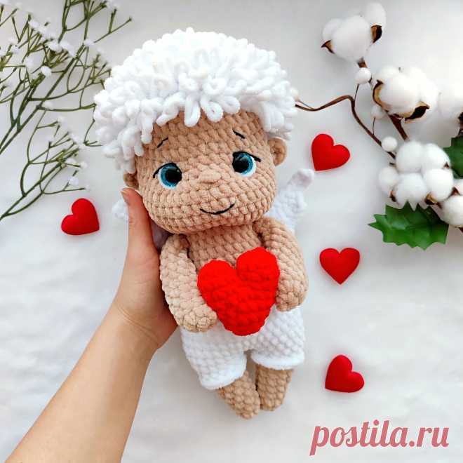 PDF Амур крючком. FREE crochet pattern; Аmigurumi toy patterns. Амигуруми схемы и описания на русском. Вязаные игрушки и поделки своими руками #amimore - плюшевый ангел ко дню Святого Валентина, большой ангелок из плюшевой пряжи, ангелочек, кукла, куколка, украшение к 14 февраля.
