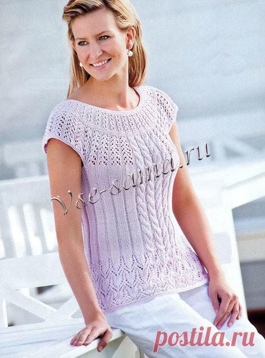 Розовый топ с косами вяжем спицами