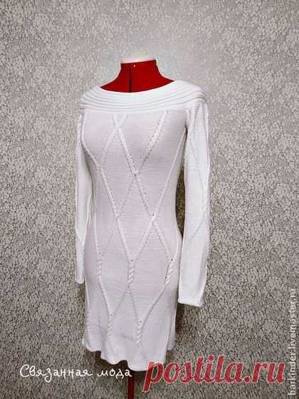 Вязаное платье "Белые араны" - белый,однотонный,платье с косами,платье