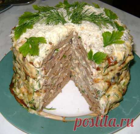 Печёночный торт с грибами
