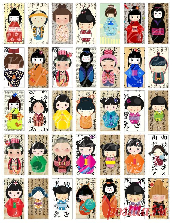 Instant Download 35 domino sized Kokeshi dolls 1 x 2 inches, digital collage…
