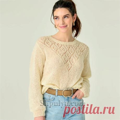 Небесно голубой пуловер с ажурной вставкой — Shpulya.com - схемы с описанием для вязания спицами и крючком