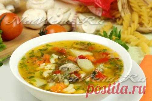 Постный овощной суп, рецепт с грибами и пастой