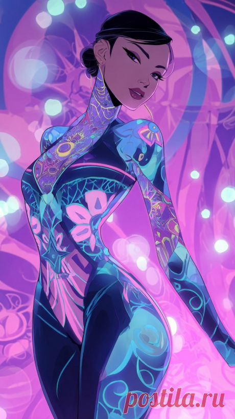 Неоновая бимбо: футуристический блеск и дерзкий силуэт. Изображение из нейросети Midjourney - Midjourney примеры промтов - Форум ИИ о нейросетях - Yes Ai