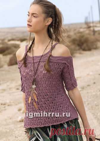 Летний узорчатый топ с открытыми плечами. Вязание спицами