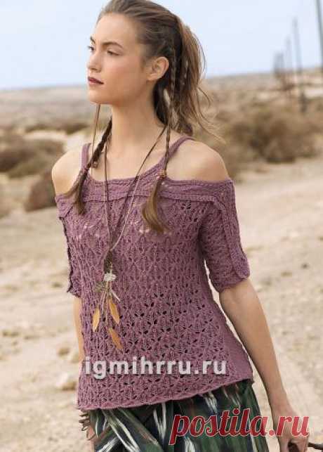 Летний узорчатый топ с открытыми плечами. Вязание спицами