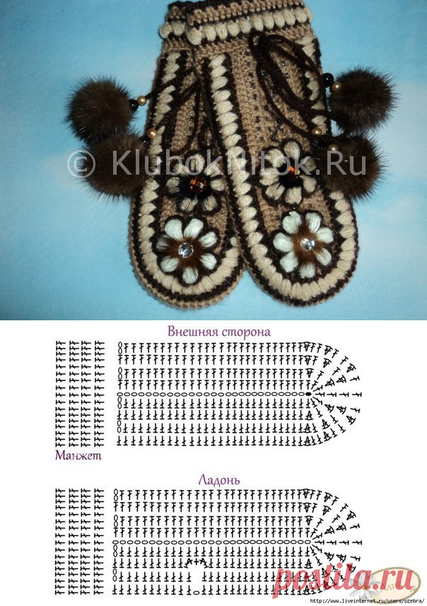 Красивые варежки крючком с цветочным рисунком.