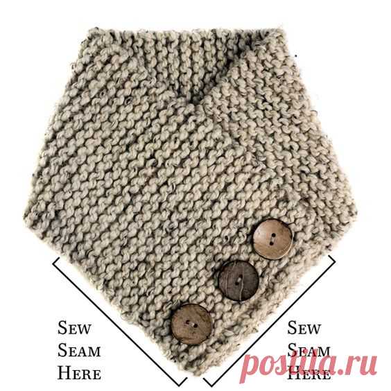 Grab the Trust scarf cowl knitting pattern. This is a beginner knitting pattern using one skein of a super bulky yarn with faux buttons.
