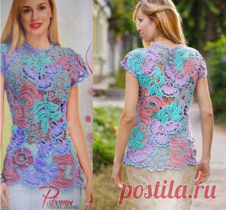 irish crochet top pattern,detailed tutorial,irish crochet blouse,summer top pattern,freeform pattern,irish lace phototutorial,motifs PDF IRISH CROCHET LACE SUMMER TOP PATTERN INSTANT DOWNLOAD  This marvelous crochet top Violet `s made in irish lace technique. It gives visible 3-D effect thanks to special technique of crochetting elements, using the yarn of different thickness. Floral motives looks like natural, just florishing on the top.  Size: XS-XXL. For larger sizes ma...