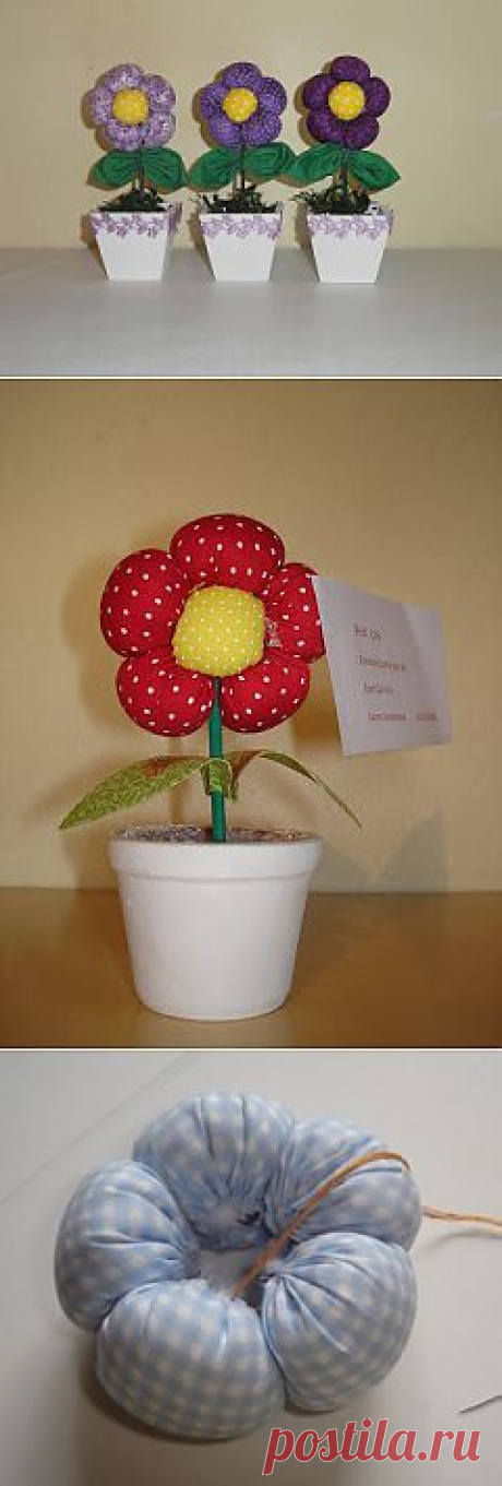 Цветы из лоскутков в горшочке.