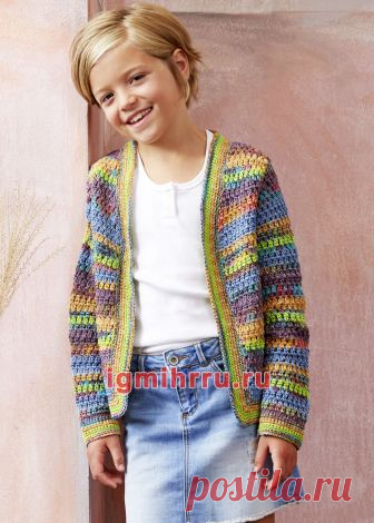 Для девочки 6-13 лет. Разноцветный хлопковый жакет в полоску. Вязание крючком для детей