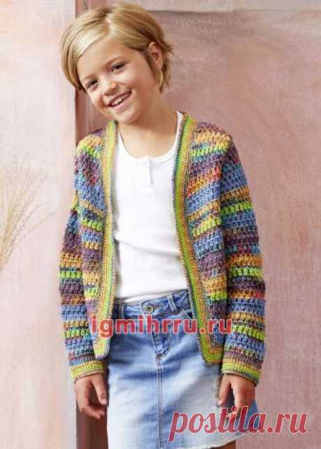 Для девочки 6-13 лет. Разноцветный хлопковый жакет в полоску. Вязание крючком для детей