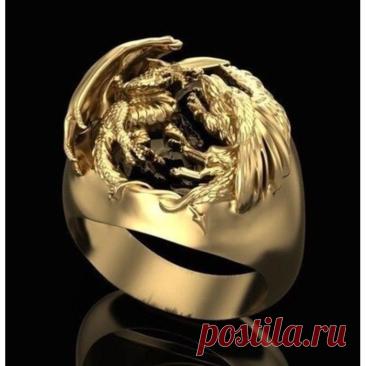 Кольцо. Мужское кольцо. Драконы. Желтое золото.