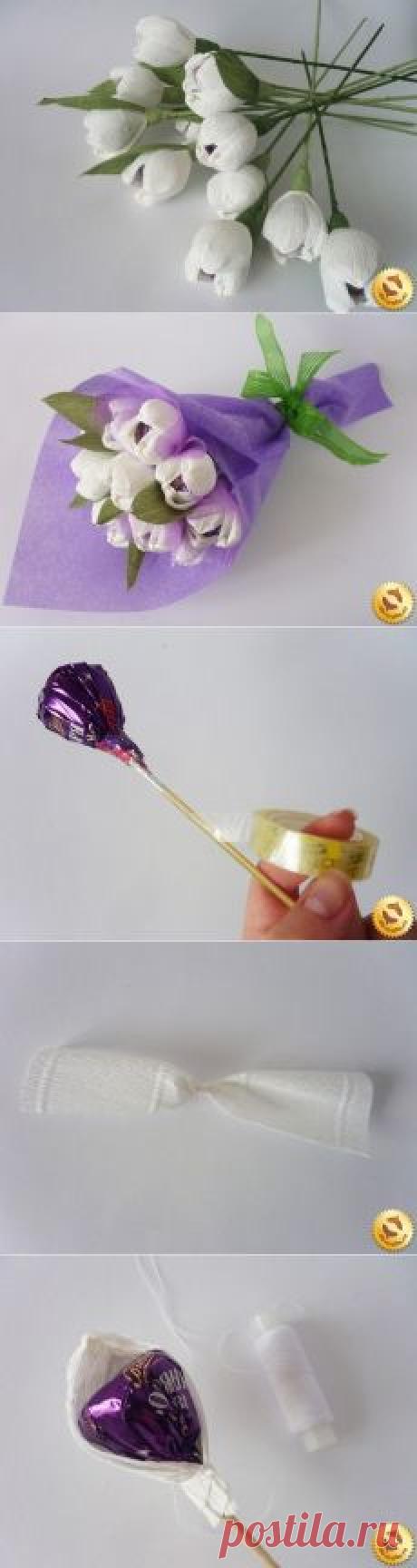 Цветы из гофрированной бумаги и конфет. Мастер-класс