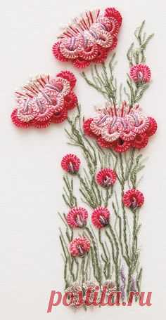 Just beautiful! Crocheted flowers + embroidery on…