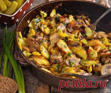 Самые вкусные способы приготовления картофеля с грибами 

1. Жареная картошка с грибами

Ингредиенты
1 луковица;
несколько столовых ложек растительного масла;
500 г грибов;
1 кг картофеля;
соль — по вкусу;
молотый чёрный перец — по вкусу;
1 пучок укропа.

Приготовление

Нарежьте лук небольшими кубиками и обжарьте в сковороде с разогретым маслом. Когда он станет золотистым, добавьте грибы, нарезанные крупными кубиками или пластинками.

Обжаривайте смесь на среднем огне без ...