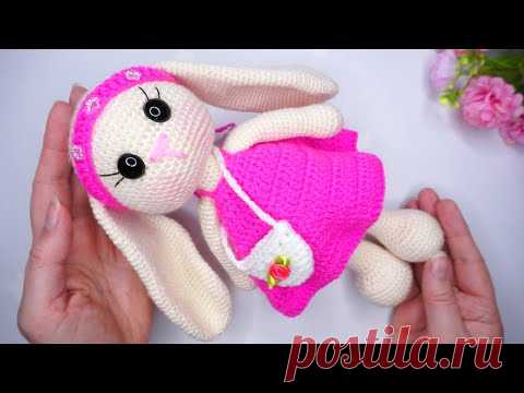 Вязаный длинаухий зайка в платье крючком /амигуруми . Подробный мастер класс . Часть 1