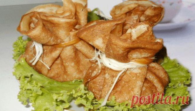 Изумительно вкусные блинные мешочки с жульеном .