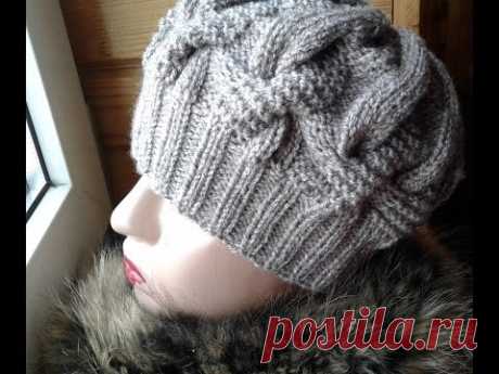 Шапка спицами из объемных кос. Часть 1 // Women's hats knitting