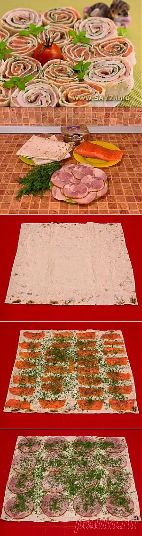 Рулетики из лаваша с семгой и ветчиной