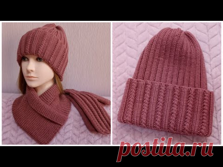Женская шапка с отворотом спицами