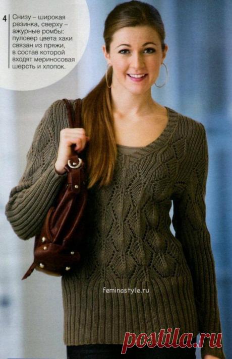 Женский пуловер цвета хаки связанный спицами / Рукоделие / Домоводство / Женские секреты / Женский стиль