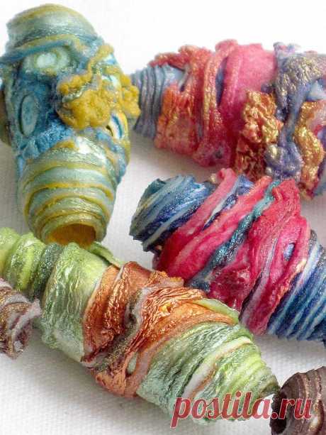 7 mixed media textile art beads hand made with Tyvek - assorted rainb…