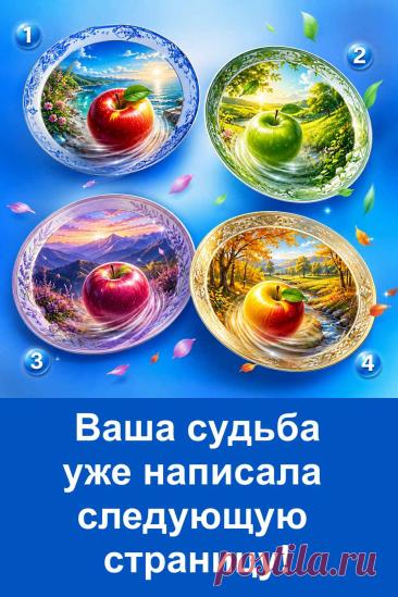 Ваша судьба уже написала следующую страницу, но пока не спешит раскрывать все свои секреты. Перед вами четыре яблока, и каждое связано со своим вариантом будущего. Иногда первое, что привлекает взгляд, может рассказать о нас больше, чем кажется. Посмотрите на картинку, остановитесь на том варианте, который понравился вам больше всего, а затем прочитайте его значение.