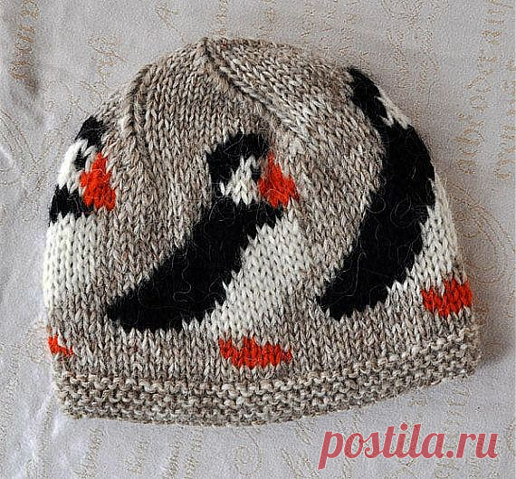 Beige handknitted unisex puffin, woolen hat/ cap made out of 100% pur…