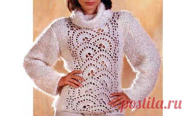 Свитер с ажурной вставкой из ленточного кружева. Крючком. / stolbik-plus.ru