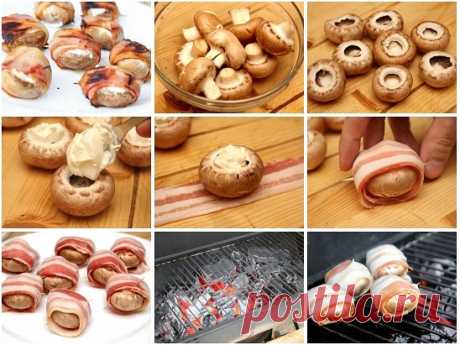 Шампиньоны в беконе на гриле 

Оригинальный рецепт вкуснейших грибов шампиньонов, фаршированных сливочным сыром, завернутых в бекон и обжаренных на гриле.
