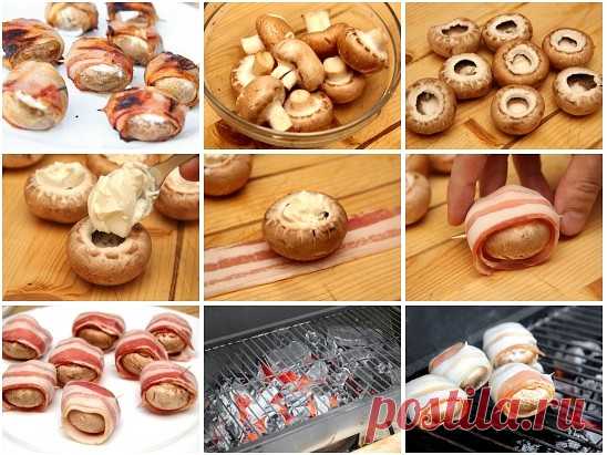 Шампиньоны в беконе на гриле 

Оригинальный рецепт вкуснейших грибов шампиньонов, фаршированных сливочным сыром, завернутых в бекон и обжаренных на гриле.